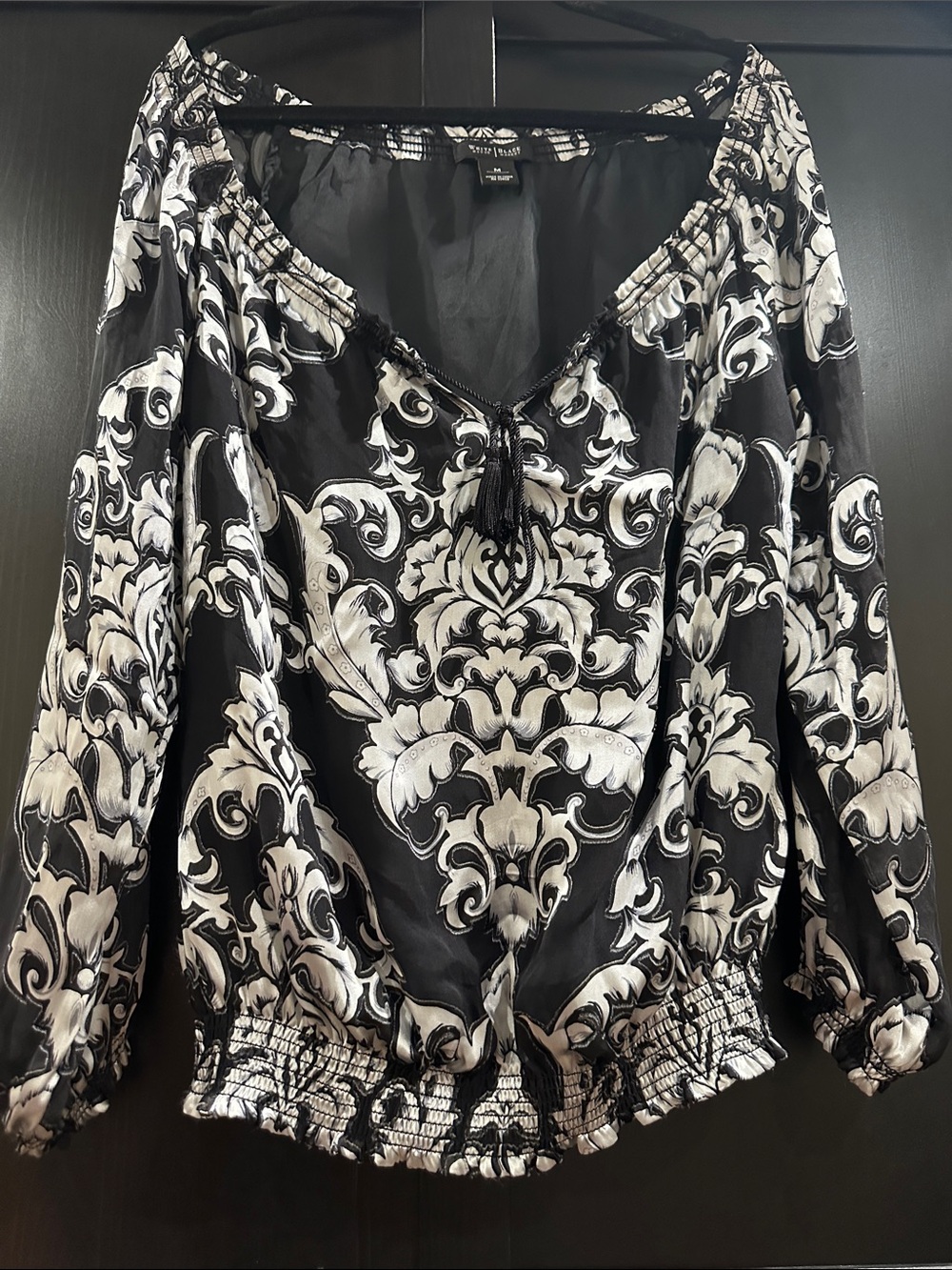 White House Black Market Black and White Damask Peasant Top with Tie
